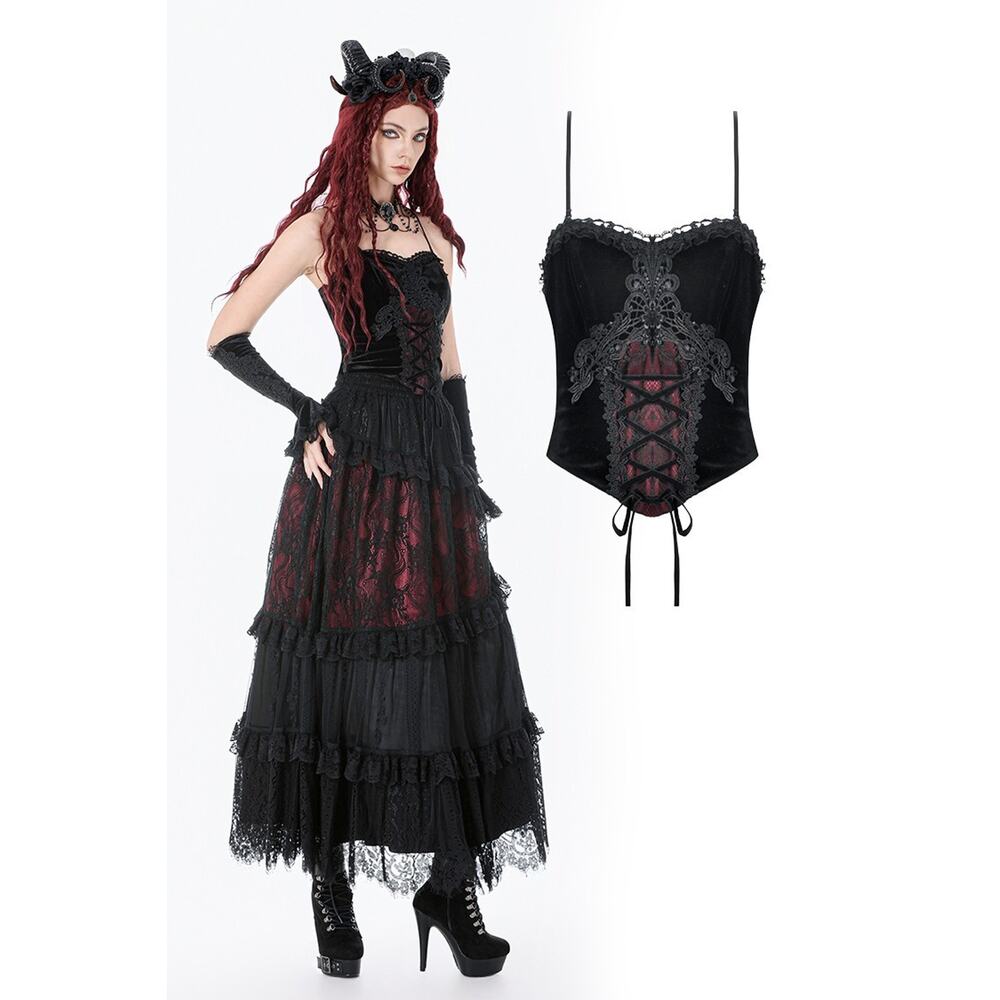 Dark in Love Gothic Victorian Blood Offering Black Red Velvet & Lace Cami Top - Picture 9 of 12